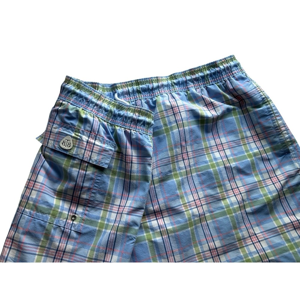 XXL Brooks Brothers Logo Swim Shorts Pink & Blue Plaid Cotton Blend Pockets